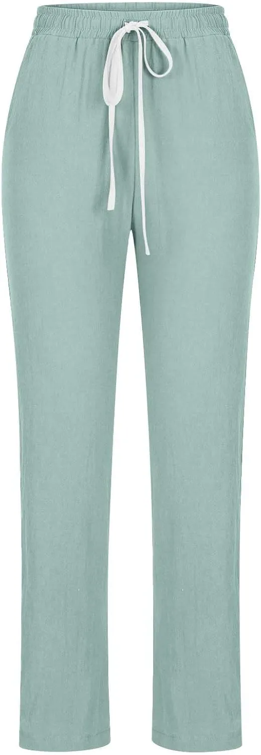TANGNADE Cotton Linen Pants Summer 2024 Wide Leg Casual Loose Drawstring High Waist Palazzo Pants Trousers with Pockets