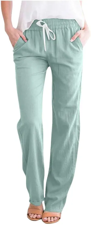 TANGNADE Cotton Linen Pants Summer 2024 Wide Leg Casual Loose Drawstring High Waist Palazzo Pants Trousers with Pockets