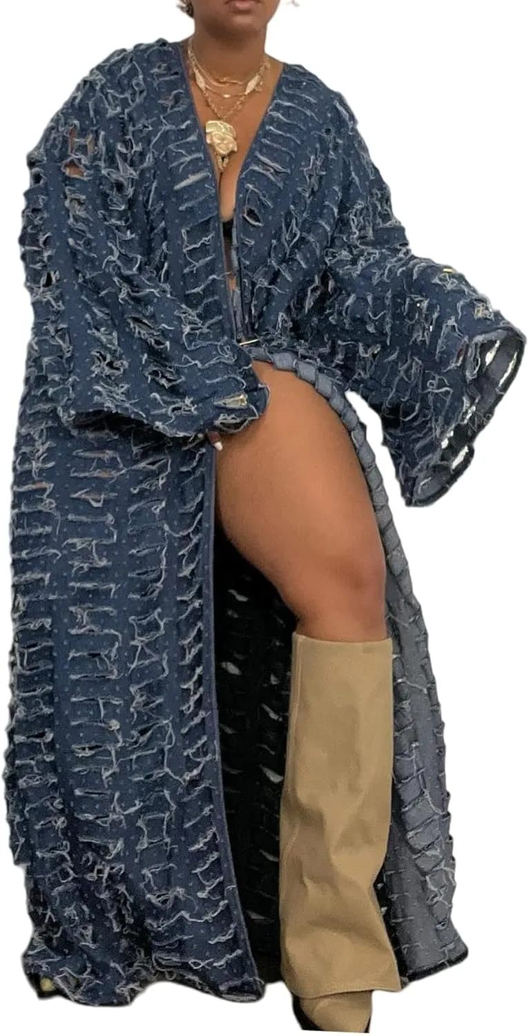 Tbahhir Women's Classic Ripped Long Jean Jacket Cardigan Open Front Duster Loose Outerwear Distressed Denim Trench Coat