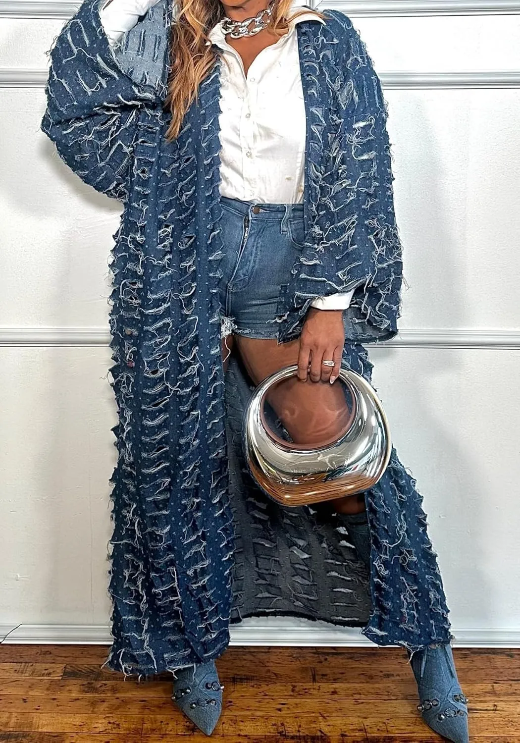 Tbahhir Women's Classic Ripped Long Jean Jacket Cardigan Open Front Duster Loose Outerwear Distressed Denim Trench Coat
