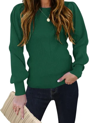 TECREW Women's Puff Sleeve Crew Neck Pullover Sweater Casual Cozy Knit Slim Jumper Tops