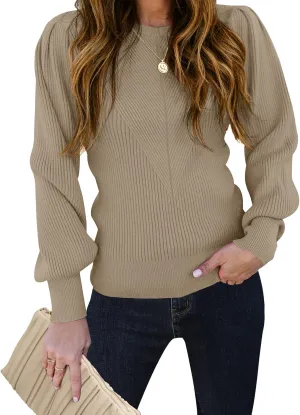 TECREW Women's Puff Sleeve Crew Neck Pullover Sweater Casual Cozy Knit Slim Jumper Tops
