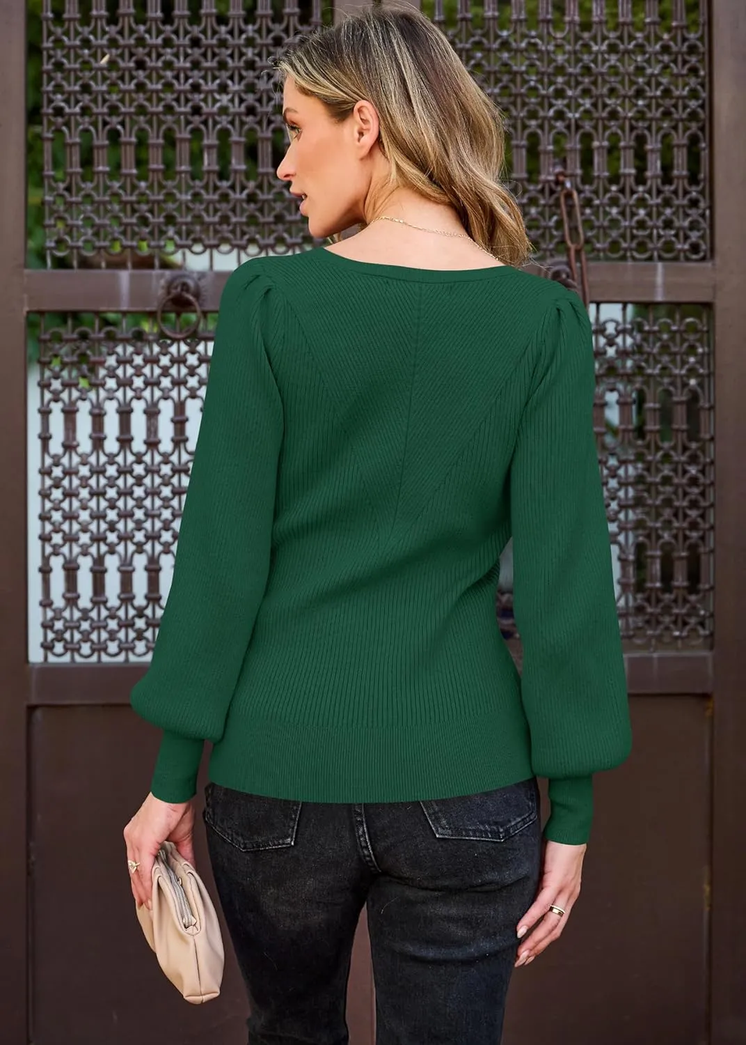 TECREW Women's Puff Sleeve Crew Neck Pullover Sweater Casual Cozy Knit Slim Jumper Tops