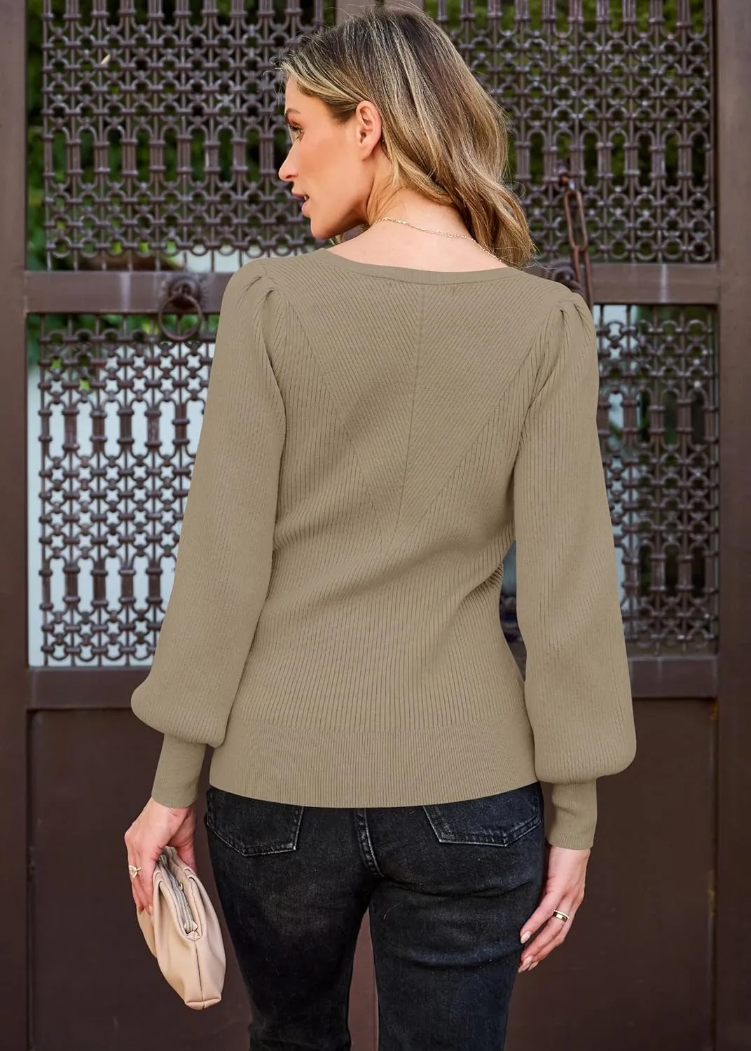 TECREW Women's Puff Sleeve Crew Neck Pullover Sweater Casual Cozy Knit Slim Jumper Tops