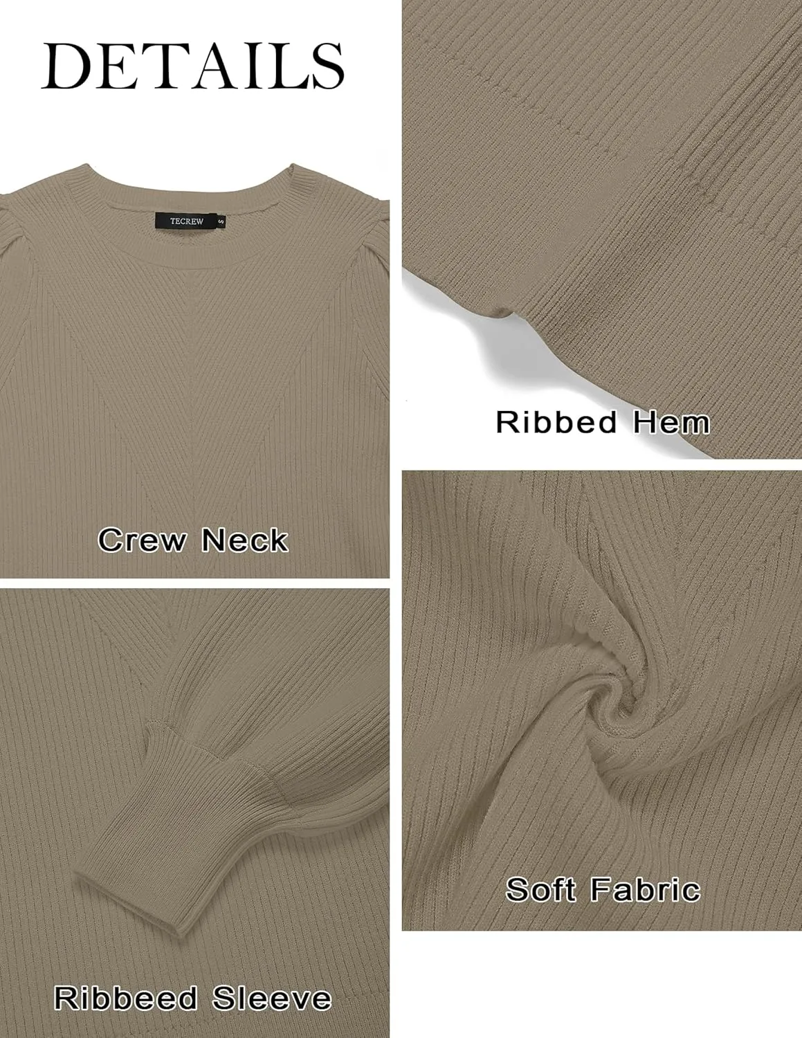 TECREW Women's Puff Sleeve Crew Neck Pullover Sweater Casual Cozy Knit Slim Jumper Tops