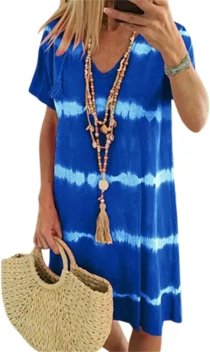 Tie-Dye Striped Short-Sleeve Loose T-Shirt Dress, Summer Casual V Neck Sundress, Beach Dresses for Women