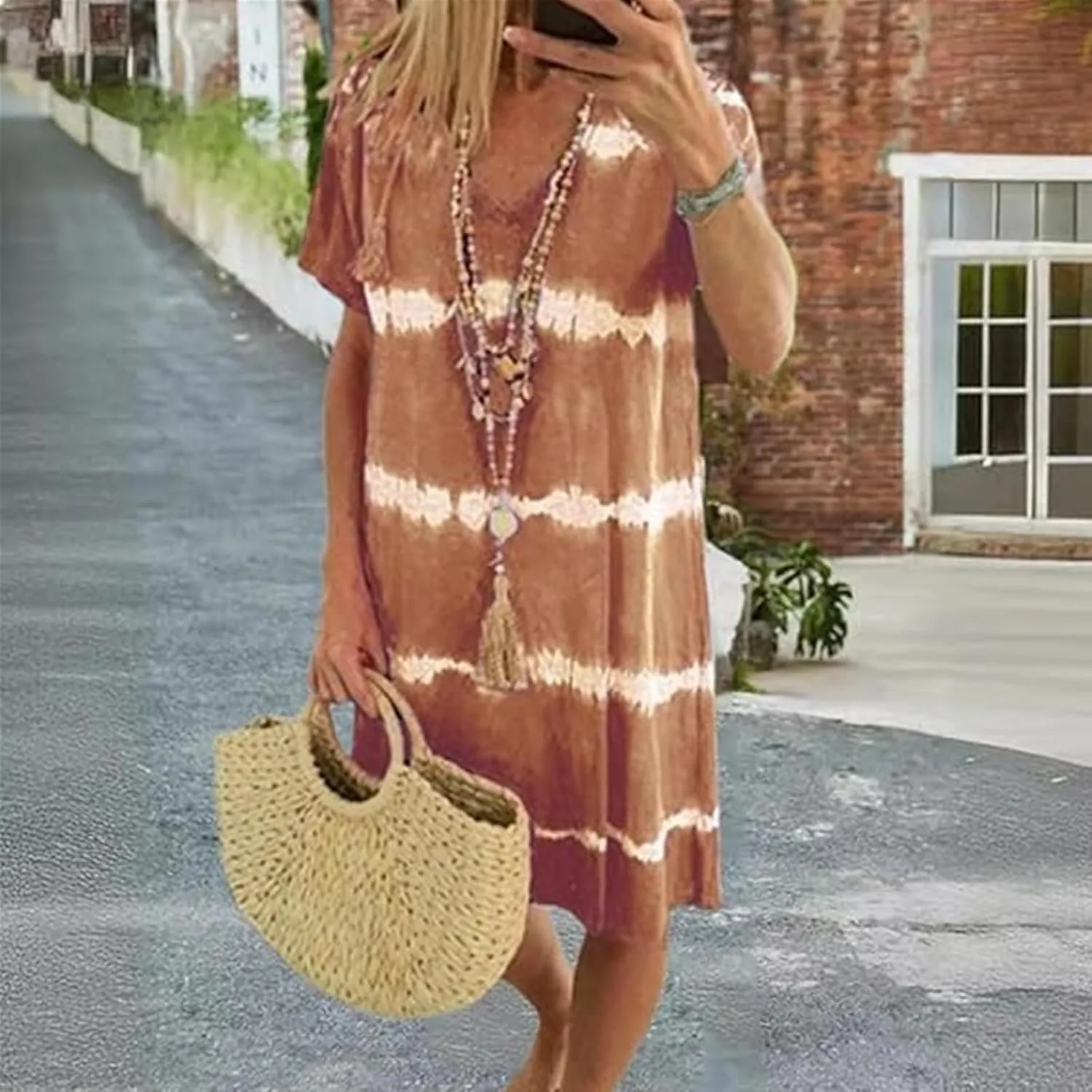 Tie-Dye Striped Short-Sleeve Loose T-Shirt Dress, Summer Casual V Neck Sundress, Beach Dresses for Women