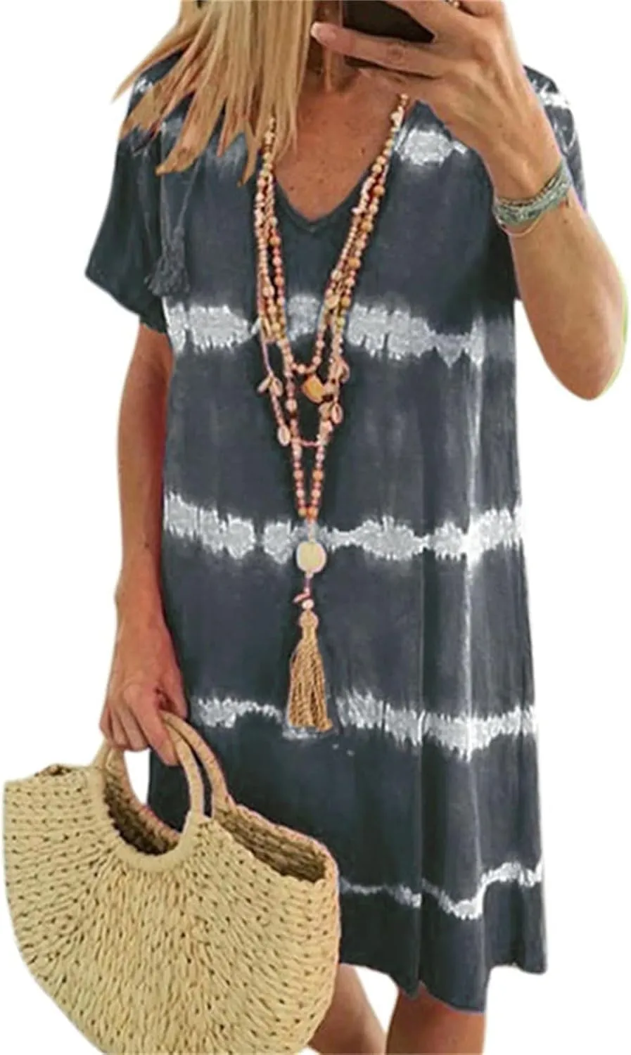 Tie-Dye Striped Short-Sleeve Loose T-Shirt Dress, Summer Casual V Neck Sundress, Beach Dresses for Women