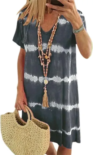 Tie-Dye Striped Short-Sleeve Loose T-Shirt Dress, Summer Casual V Neck Sundress, Beach Dresses for Women