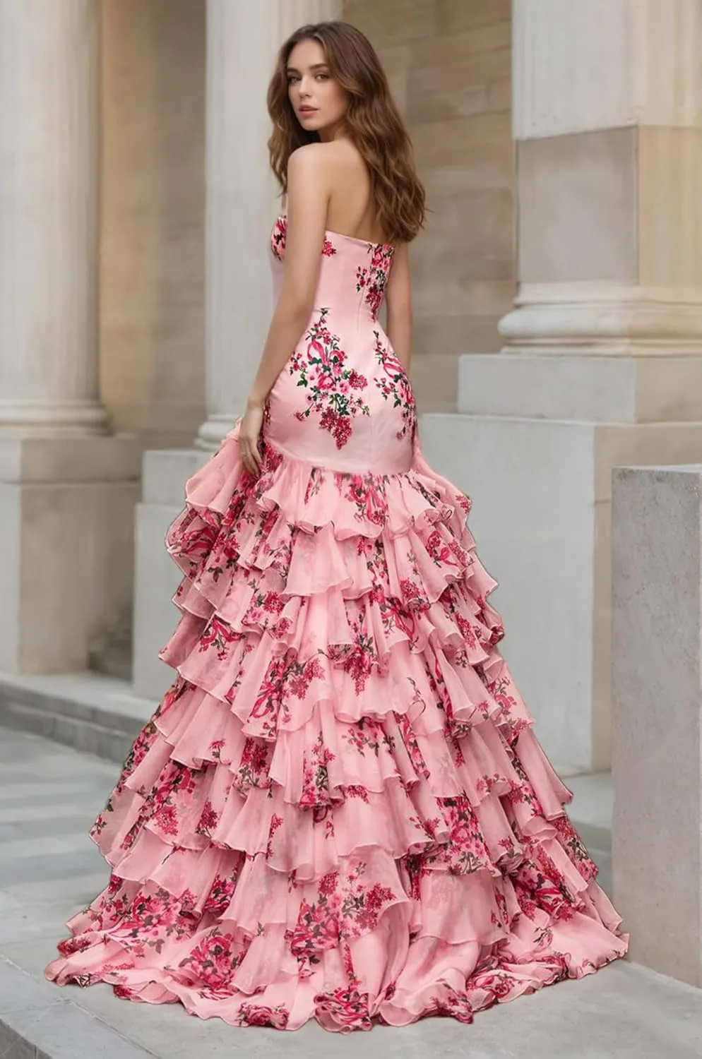 Tiered Floral Print Prom Dresses for Women with Slit 2025 A Line Strapless Bow Ball Gown Long Formal Evening Party Gown