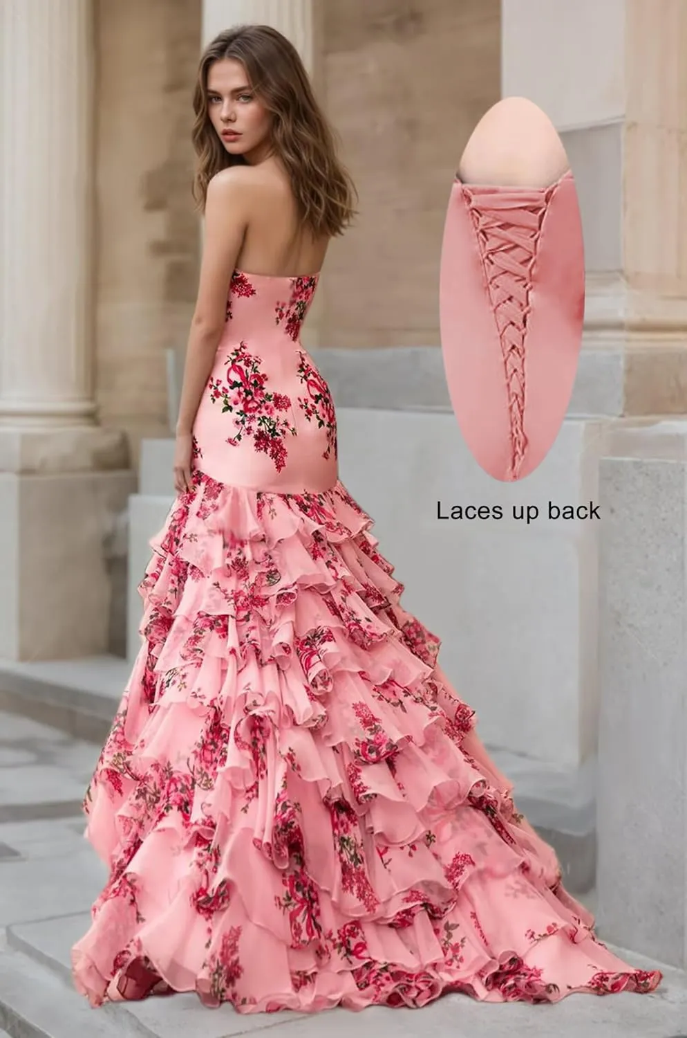 Tiered Floral Print Prom Dresses for Women with Slit 2025 A Line Strapless Bow Ball Gown Long Formal Evening Party Gown