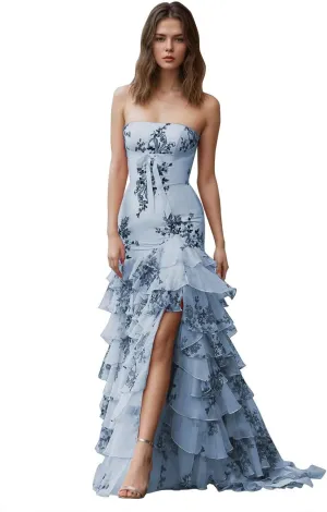 Tiered Floral Print Prom Dresses for Women with Slit 2025 A Line Strapless Bow Ball Gown Long Formal Evening Party Gown