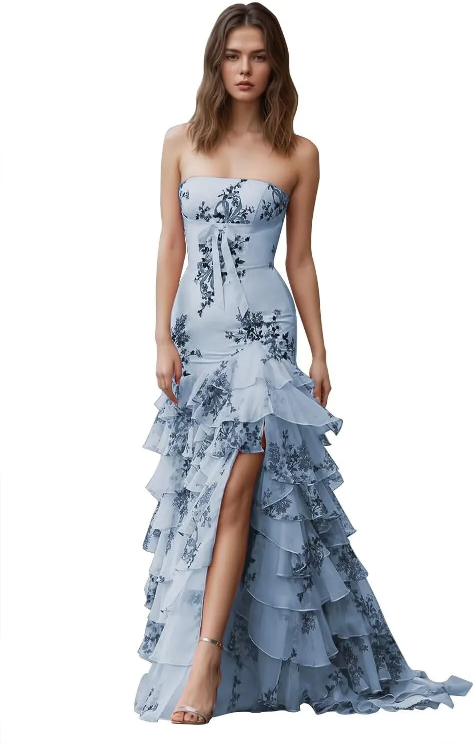 Tiered Floral Print Prom Dresses for Women with Slit 2025 A Line Strapless Bow Ball Gown Long Formal Evening Party Gown