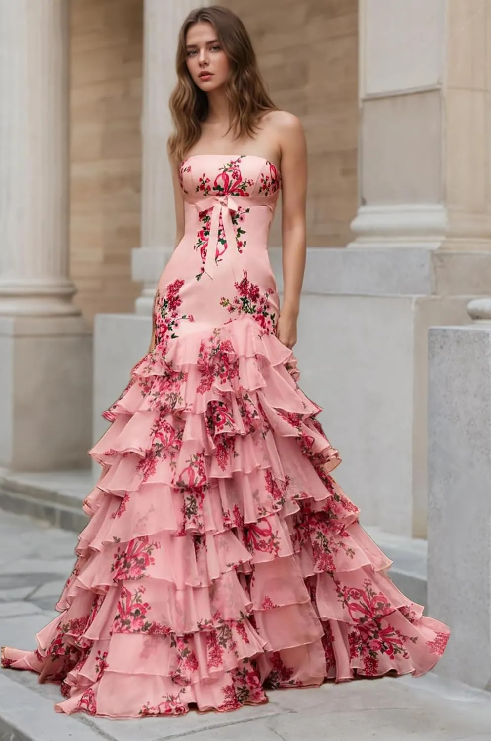 Tiered Floral Print Prom Dresses for Women with Slit 2025 A Line Strapless Bow Ball Gown Long Formal Evening Party Gown