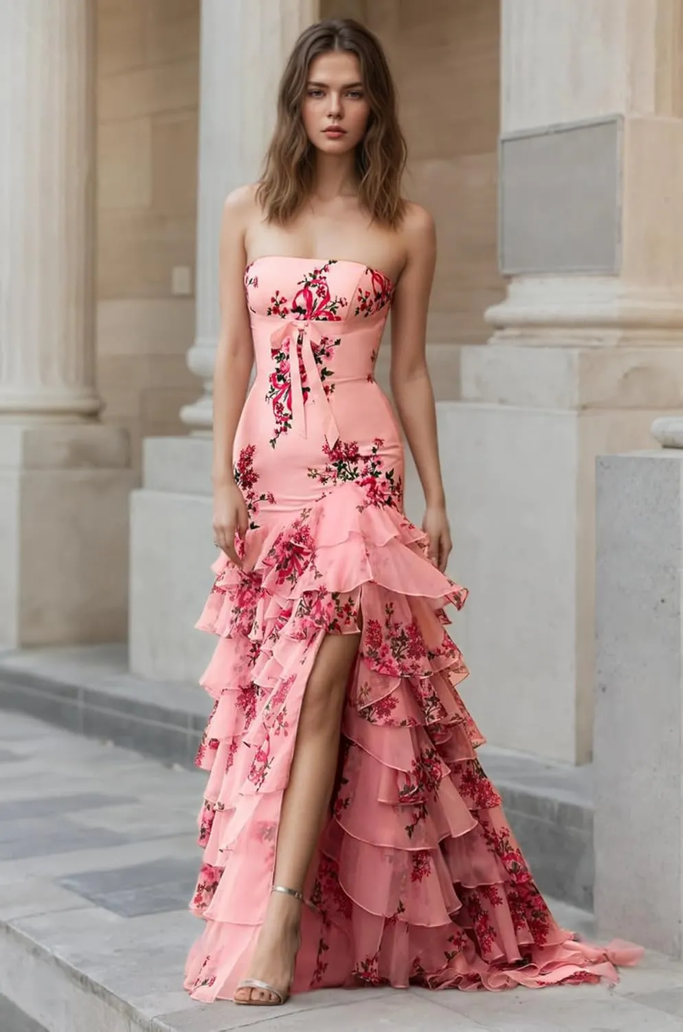 Tiered Floral Print Prom Dresses for Women with Slit 2025 A Line Strapless Bow Ball Gown Long Formal Evening Party Gown