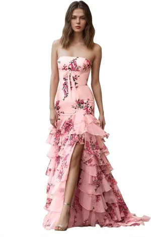 Tiered Floral Print Prom Dresses for Women with Slit 2025 A Line Strapless Bow Ball Gown Long Formal Evening Party Gown