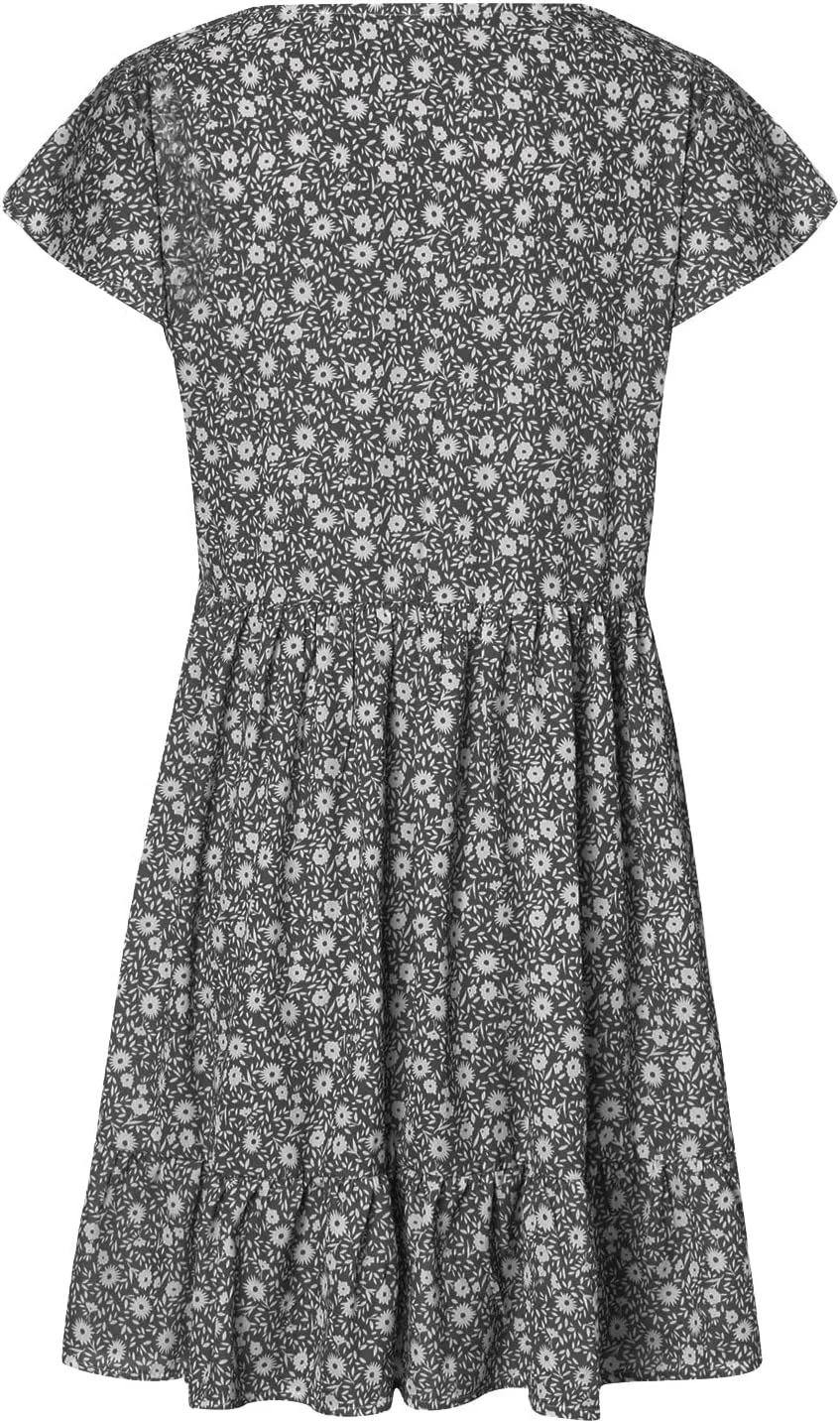 tuduoms Summer Women's Chiffon Floral Ruffle Dress Cute Sexy Cap Sleeves V Neck A-line Loose Flowy Swing Mini Short Dresses