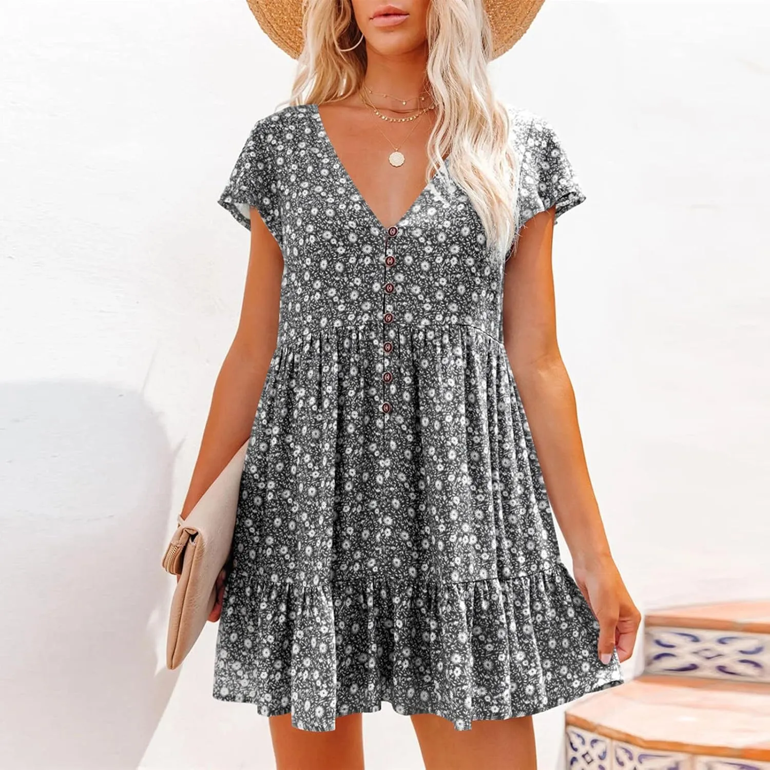tuduoms Summer Women's Chiffon Floral Ruffle Dress Cute Sexy Cap Sleeves V Neck A-line Loose Flowy Swing Mini Short Dresses