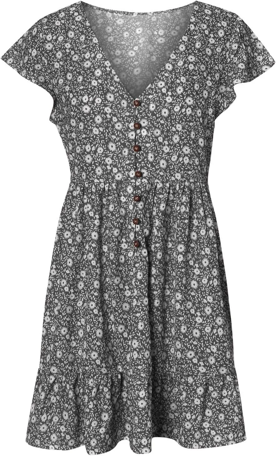 tuduoms Summer Women's Chiffon Floral Ruffle Dress Cute Sexy Cap Sleeves V Neck A-line Loose Flowy Swing Mini Short Dresses