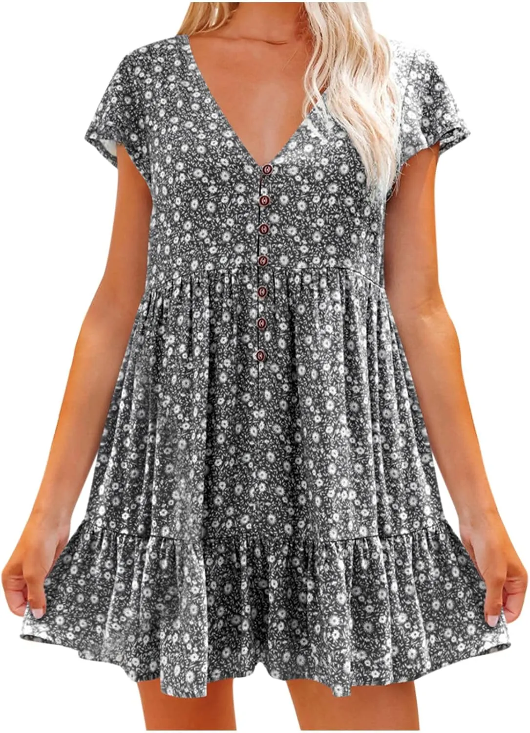 tuduoms Summer Women's Chiffon Floral Ruffle Dress Cute Sexy Cap Sleeves V Neck A-line Loose Flowy Swing Mini Short Dresses