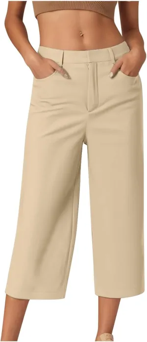 Twill Capri Pants for Women Casual Oversized Dress Pants High Waist Straight Leg Capris Dressy Office Cropped Trousers
