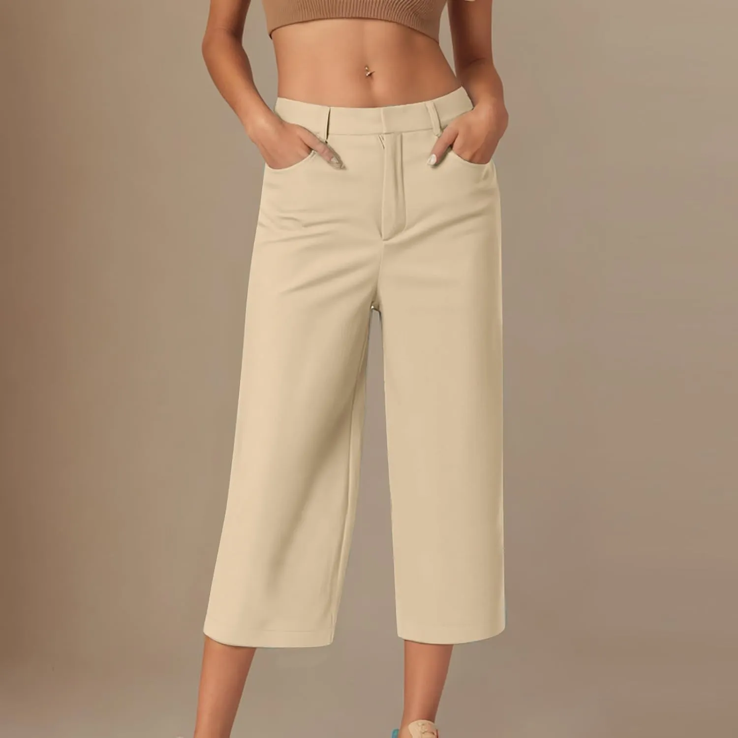 Twill Capri Pants for Women Casual Oversized Dress Pants High Waist Straight Leg Capris Dressy Office Cropped Trousers