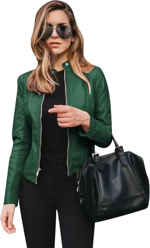 TYQQU Women Fall Faux Leather Outwear Short PU Slim Fit Coat Zip Up Regular Jacket