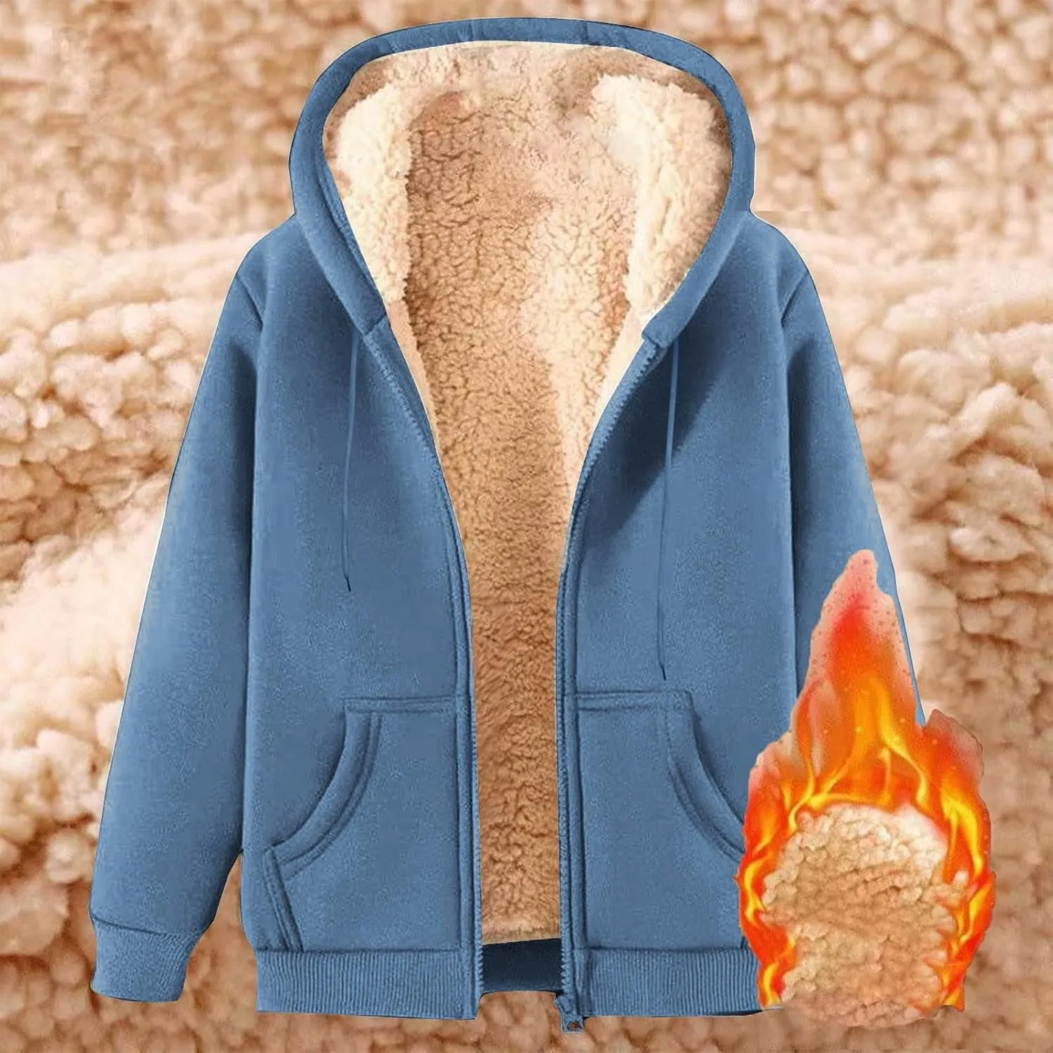 Unisex Women's Fleece Hoodie Jacket Cozy Sherpa Lined Zip Up Warm Hoodie Sweatshirt Winter Fluffy Sweater Hooded Coat
