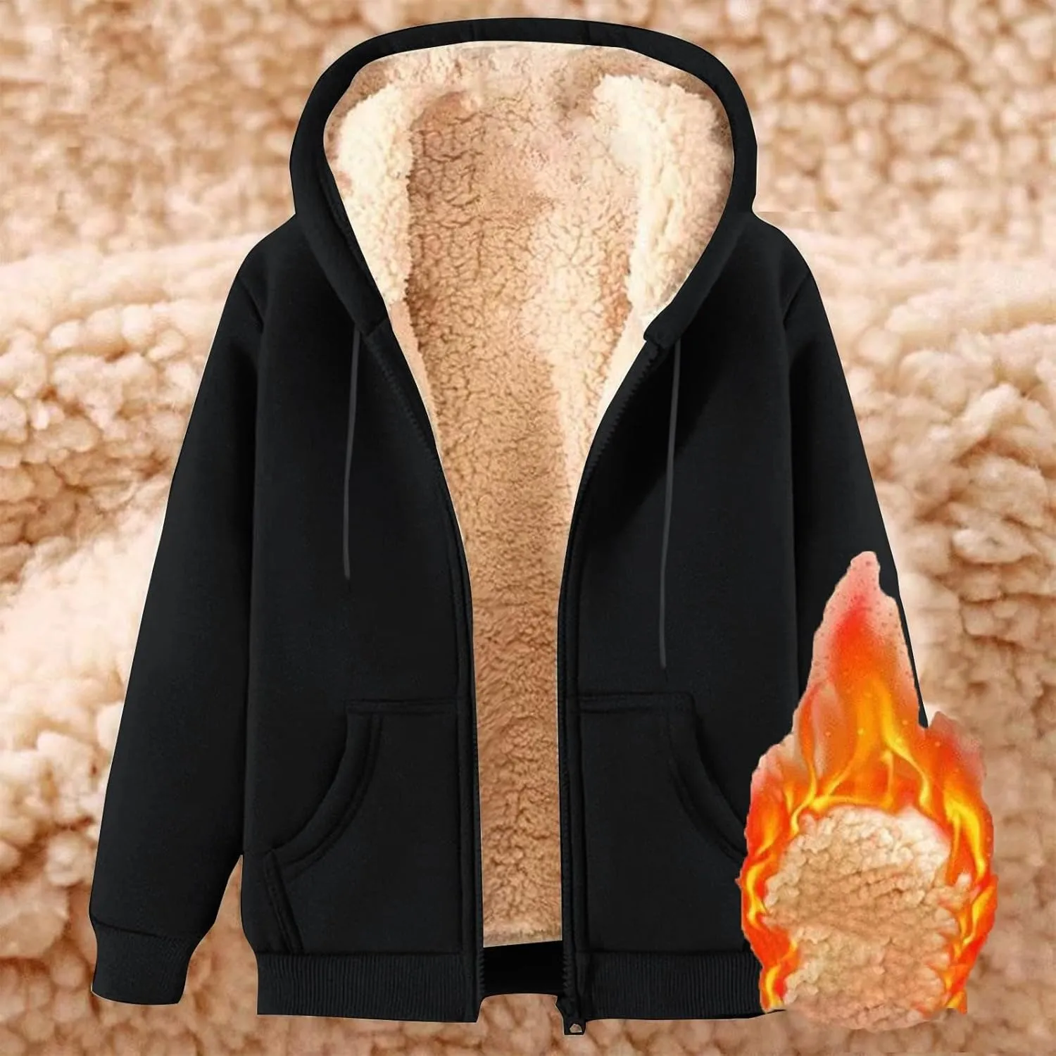 Unisex Women's Fleece Hoodie Jacket Cozy Sherpa Lined Zip Up Warm Hoodie Sweatshirt Winter Fluffy Sweater Hooded Coat