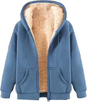 Unisex Women's Fleece Hoodie Jacket Cozy Sherpa Lined Zip Up Warm Hoodie Sweatshirt Winter Fluffy Sweater Hooded Coat