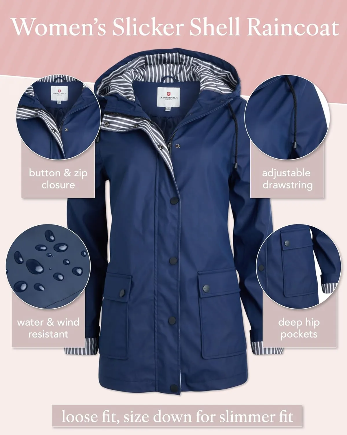 URBAN REPUBLIC Rain Jacket Women - Lightweight Waterproof Windbreaker for Women (S-3XL)