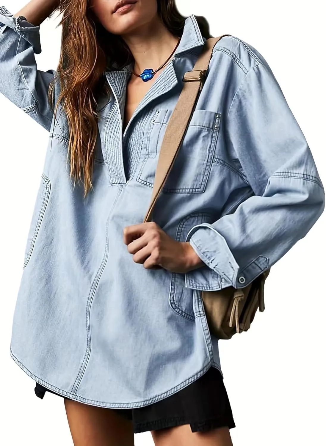 utcoco Women's Oversized Denim Jacket Casual Loose Long Sleeve Jean Sweatshirts Coat Jackets with Pocket