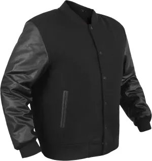 Varsity Jacket Mens Genuine 100% Cowhide Leather Sleeve and Wool Blend Varsity Letterman Jackets, Black