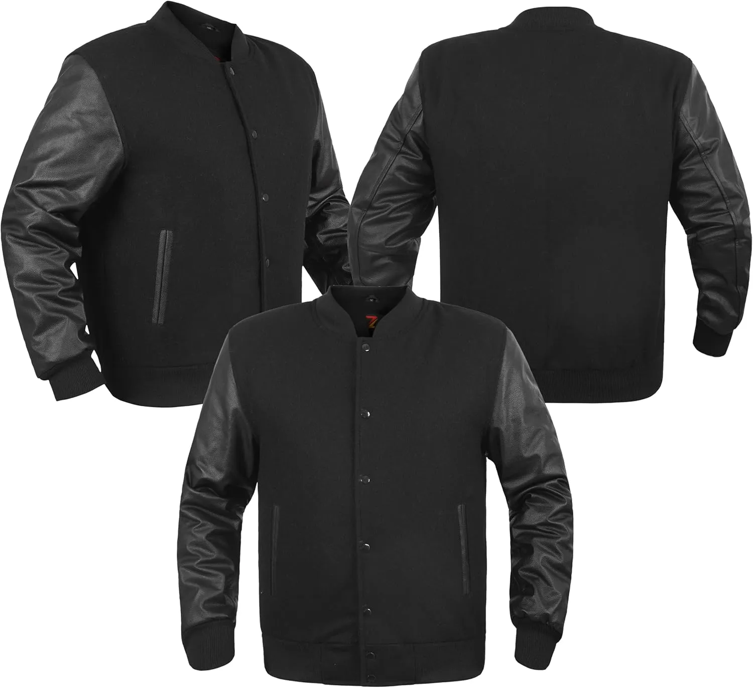 Varsity Jacket Mens Genuine 100% Cowhide Leather Sleeve and Wool Blend Varsity Letterman Jackets, Black