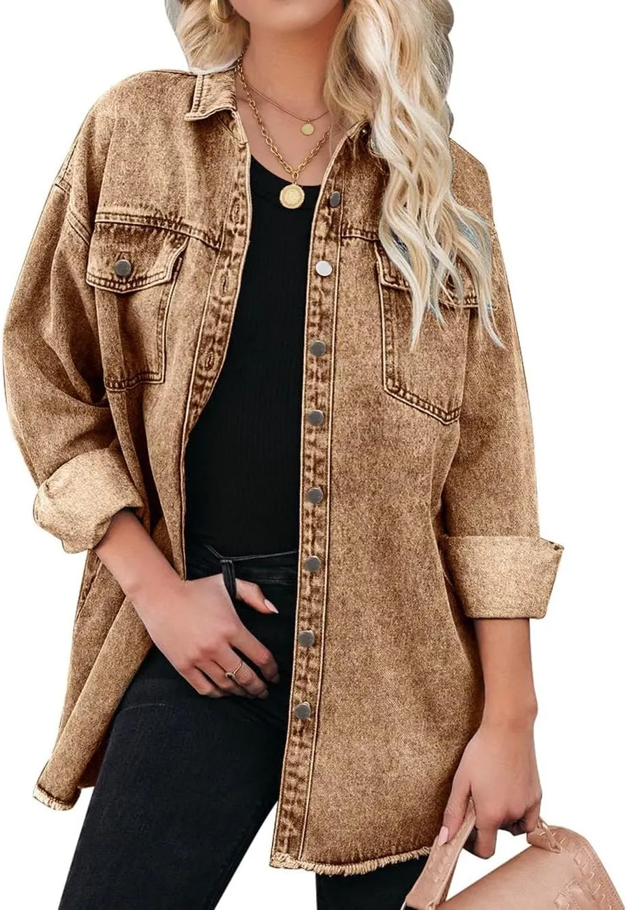 Vetinee Womens Oversized Button Up Frayed Hem Shacket Long Sleeve Pockets Denim Jean Jacket