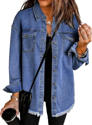Vetinee Womens Oversized Button Up Frayed Hem Shacket Long Sleeve Pockets Denim Jean Jacket