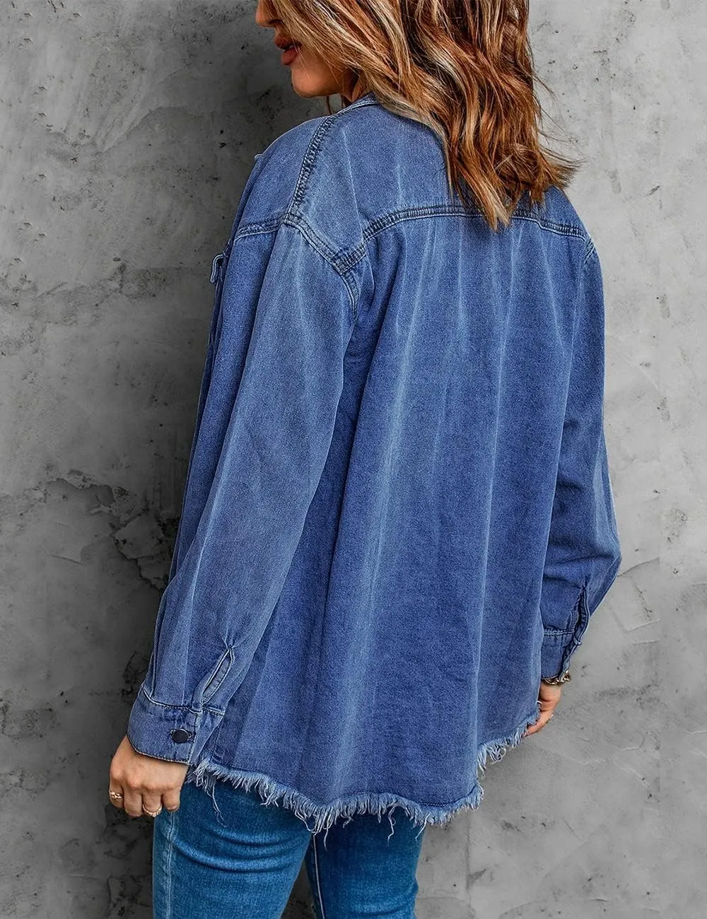 Vetinee Womens Oversized Button Up Frayed Hem Shacket Long Sleeve Pockets Denim Jean Jacket