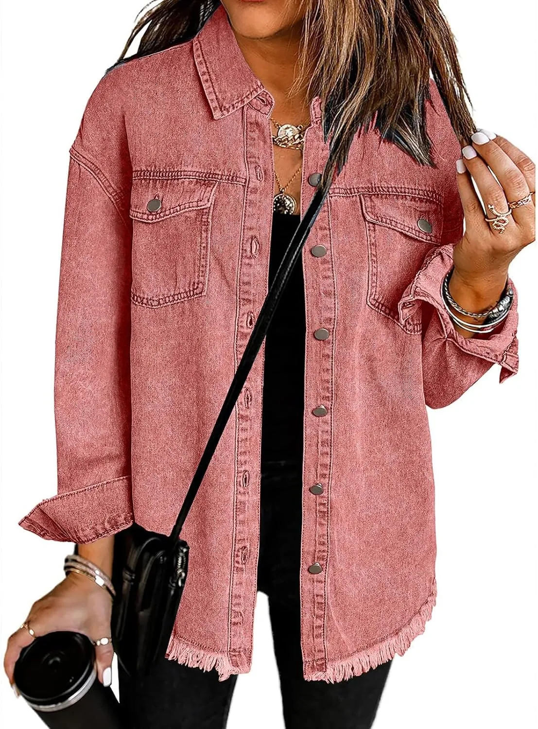 Vetinee Womens Oversized Button Up Frayed Hem Shacket Long Sleeve Pockets Denim Jean Jacket