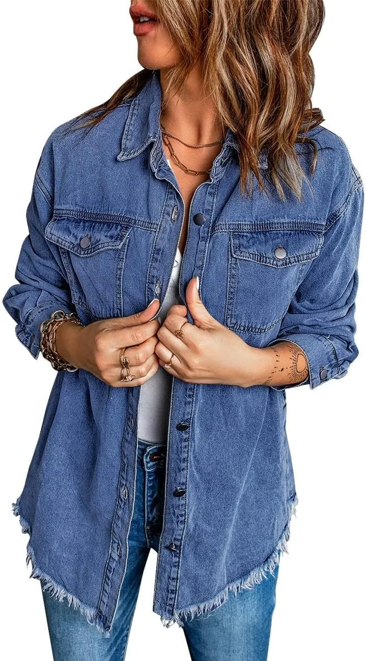 Vetinee Womens Oversized Button Up Frayed Hem Shacket Long Sleeve Pockets Denim Jean Jacket