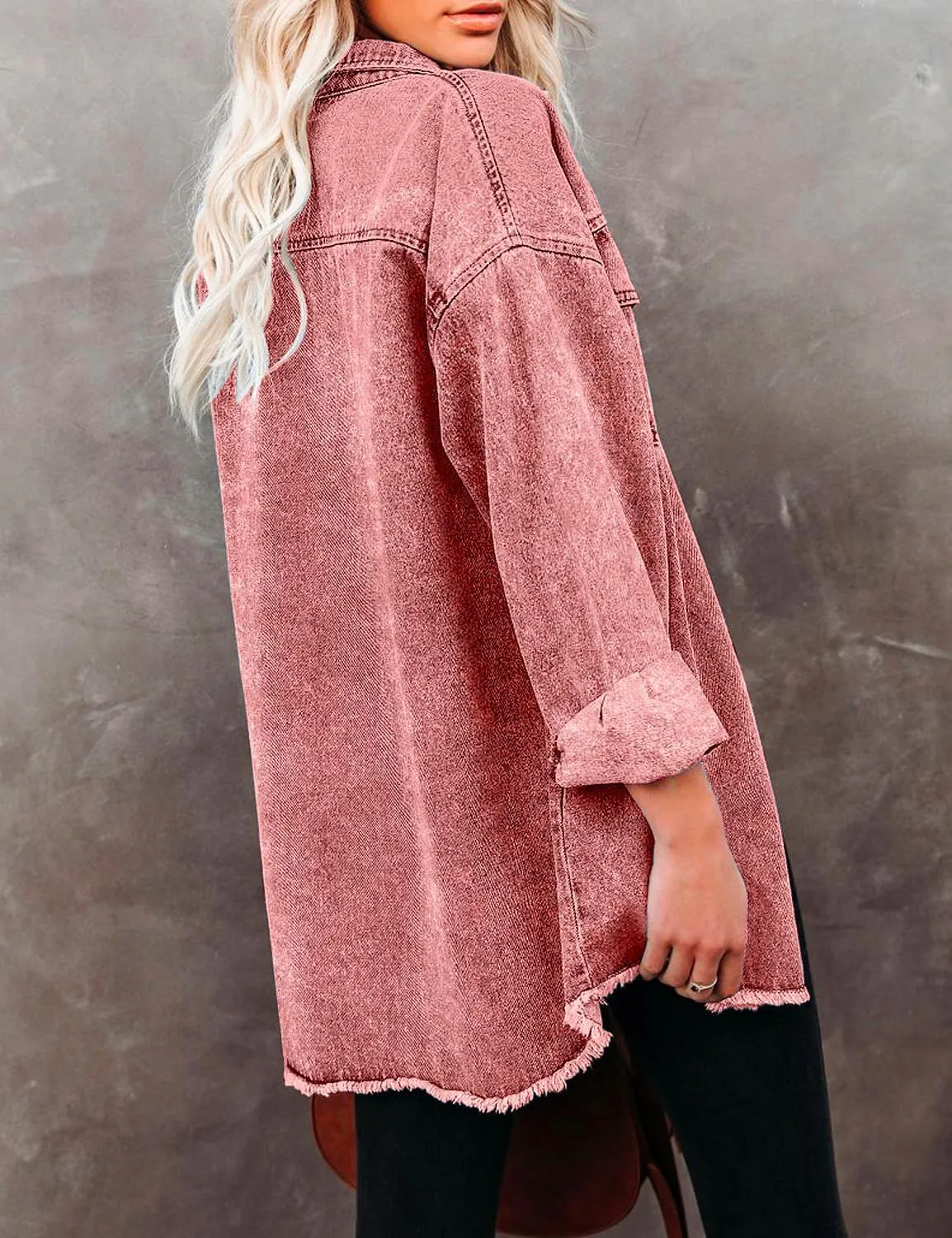 Vetinee Womens Oversized Button Up Frayed Hem Shacket Long Sleeve Pockets Denim Jean Jacket