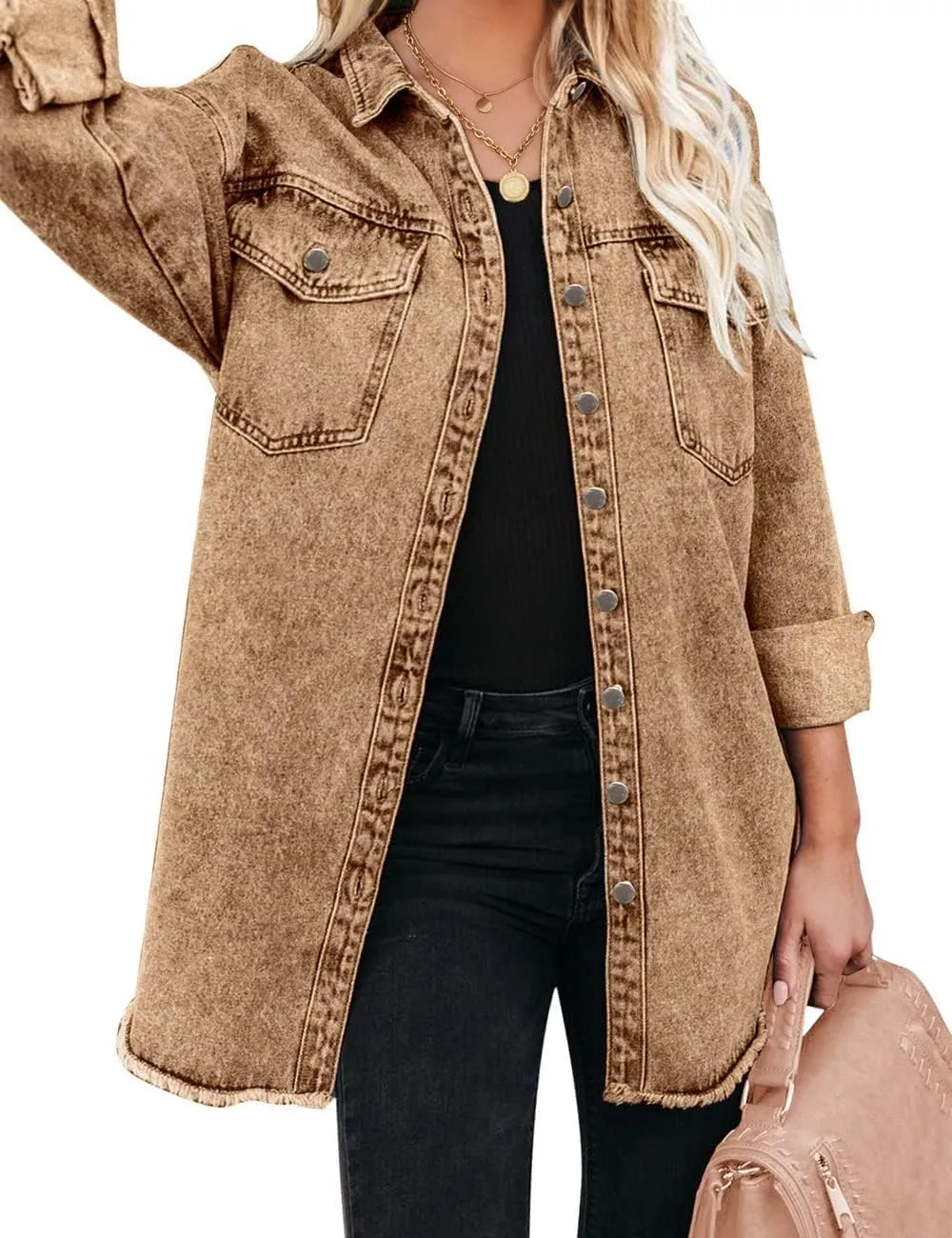 Vetinee Womens Oversized Button Up Frayed Hem Shacket Long Sleeve Pockets Denim Jean Jacket