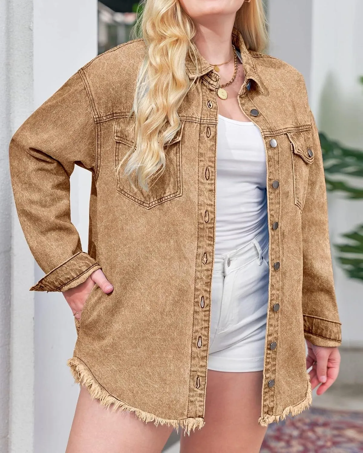 Vetinee Womens Oversized Button Up Frayed Hem Shacket Long Sleeve Pockets Denim Jean Jacket