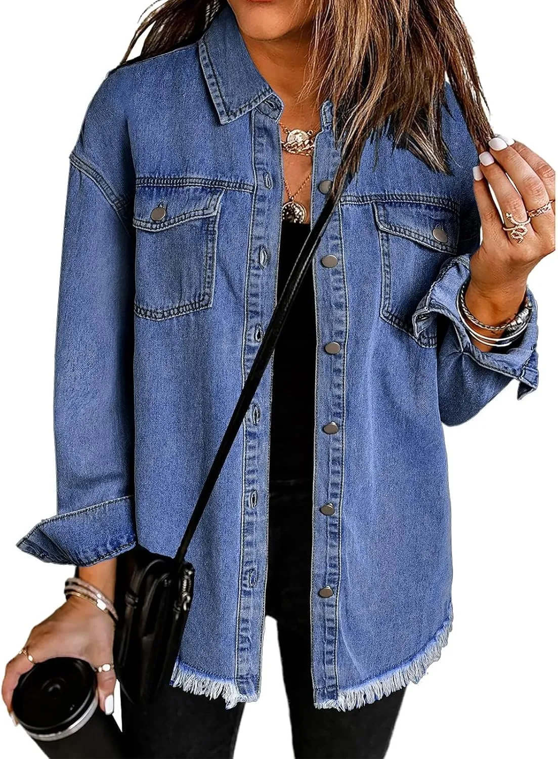 Vetinee Womens Oversized Button Up Frayed Hem Shacket Long Sleeve Pockets Denim Jean Jacket