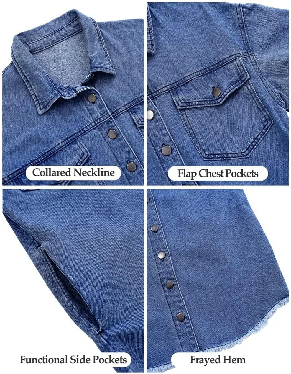 Vetinee Womens Oversized Button Up Frayed Hem Shacket Long Sleeve Pockets Denim Jean Jacket