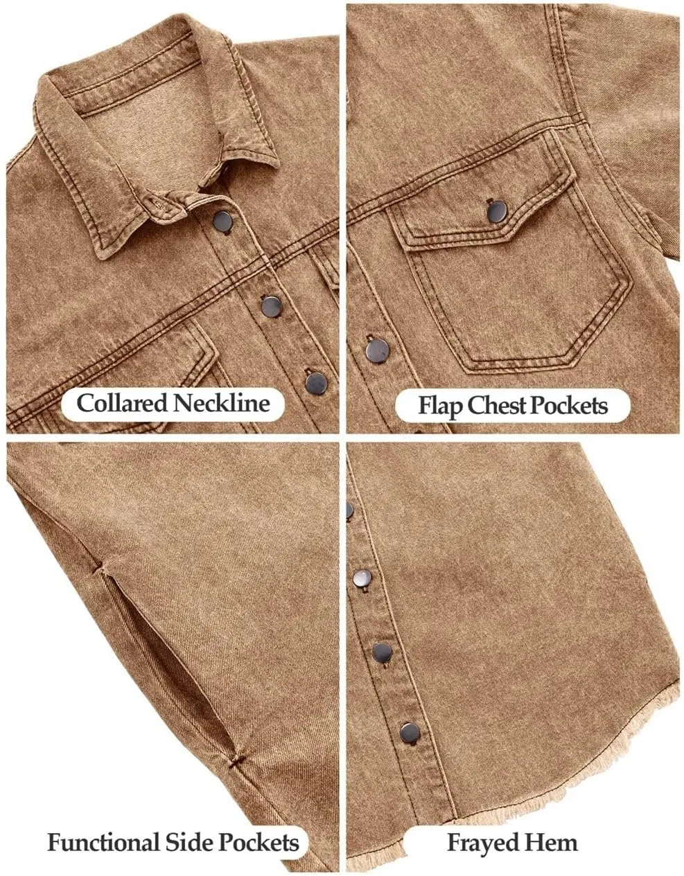 Vetinee Womens Oversized Button Up Frayed Hem Shacket Long Sleeve Pockets Denim Jean Jacket