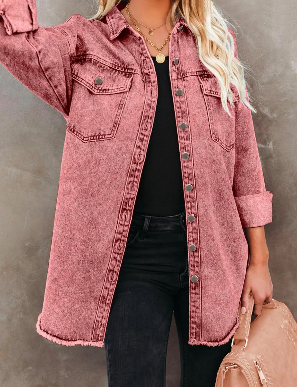Vetinee Womens Oversized Button Up Frayed Hem Shacket Long Sleeve Pockets Denim Jean Jacket