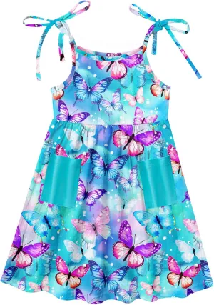 Vieille Toddler Girls Summer Sling Dress Tie Straps Sleeveless Casual Beach Sundress with Pockets 2-6 Years