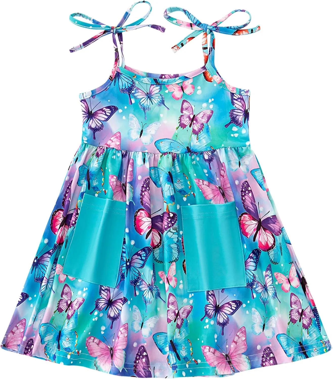 Vieille Toddler Girls Summer Sling Dress Tie Straps Sleeveless Casual Beach Sundress with Pockets 2-6 Years