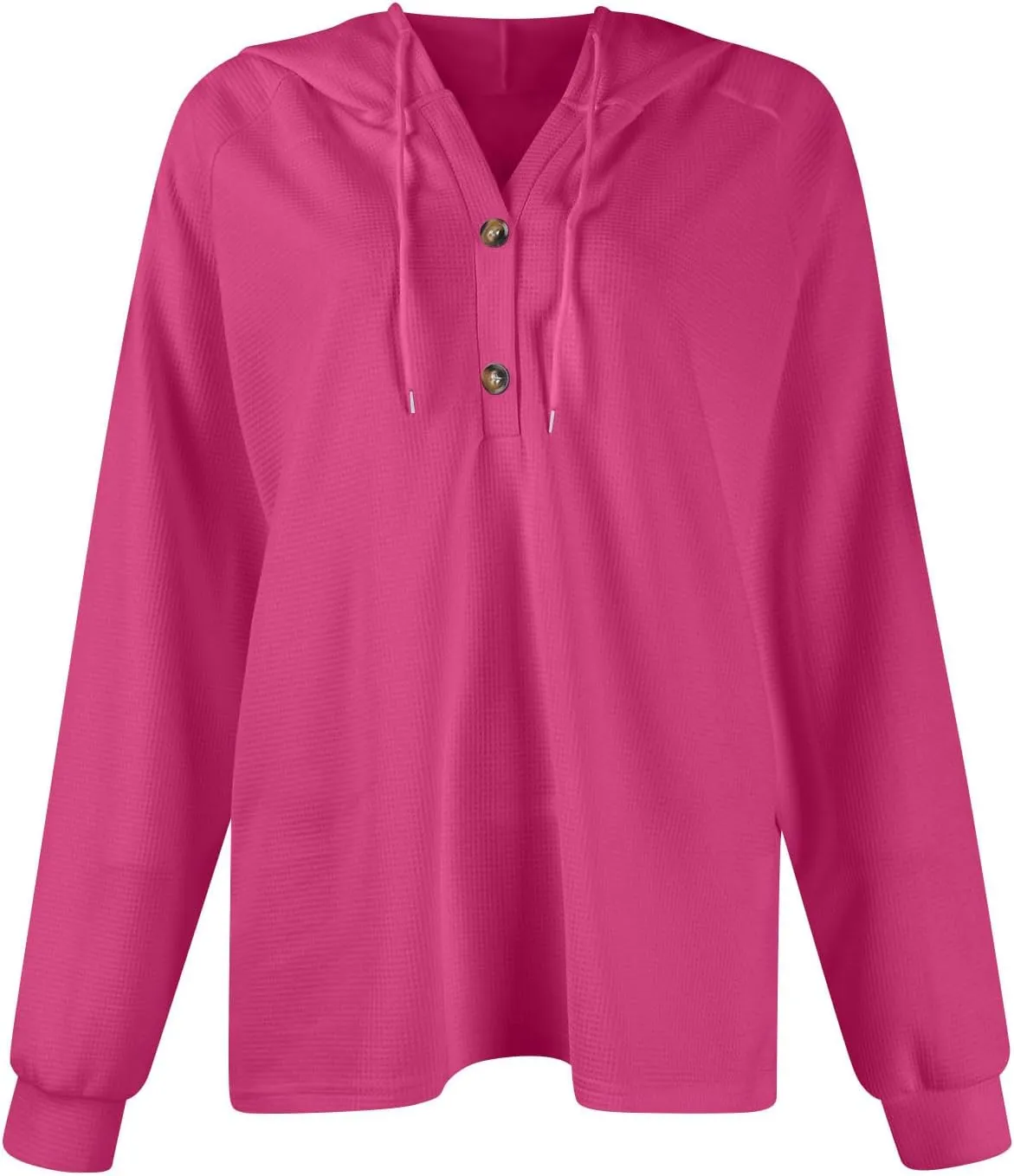 Waffle Knit Hooded Tops for Women Fall Trendy Button V Neck Pullover Sweatshirt Casual Long Sleeve Drawstring Hoodies