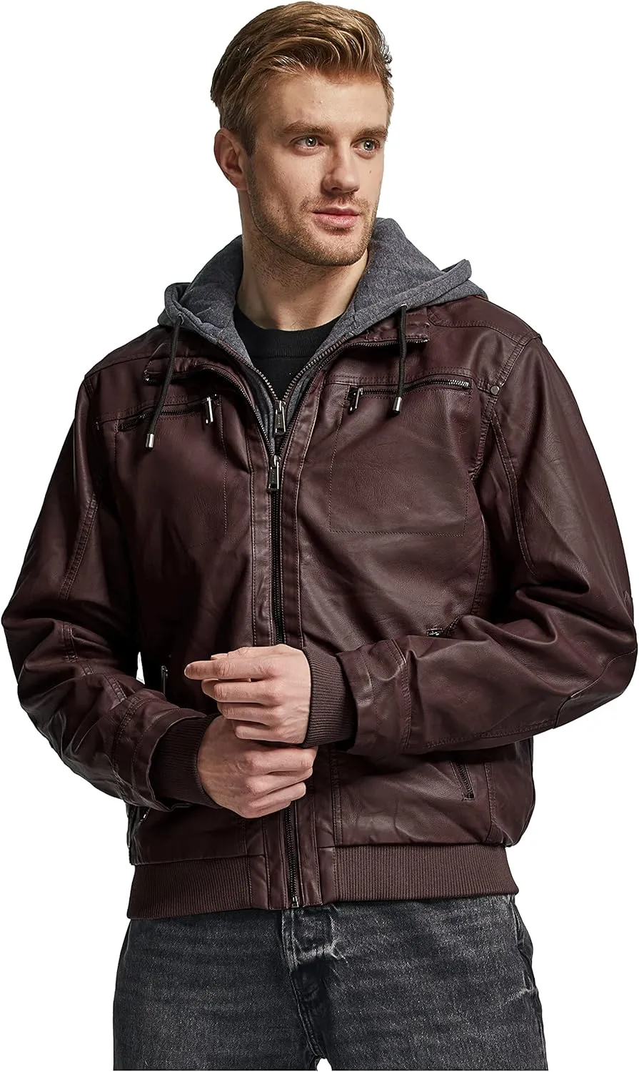 wantdo Men's Faux Leather Jacket with Removable Hood Motorcycle Jacket Casual Warm Winter Coat